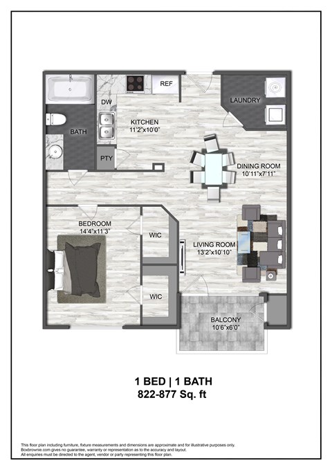 A floor plan of a one bedroom apartment.